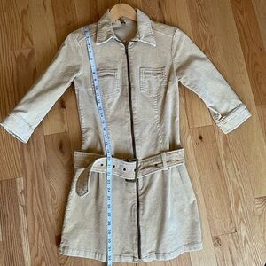 Tan H&M Divided Y2K Mod Corduroy Zip-Up Mini Dress with Belt